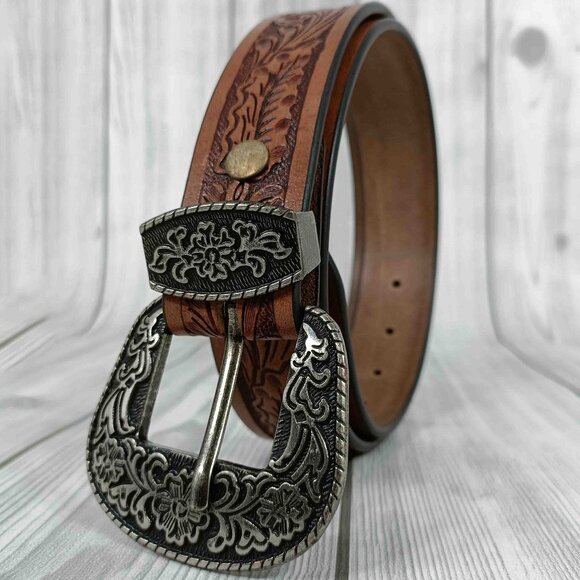 Western Leather Belt, Engraved Floral Tooled Leather Belt, Belt for Men & Women - Picture 2 of 12